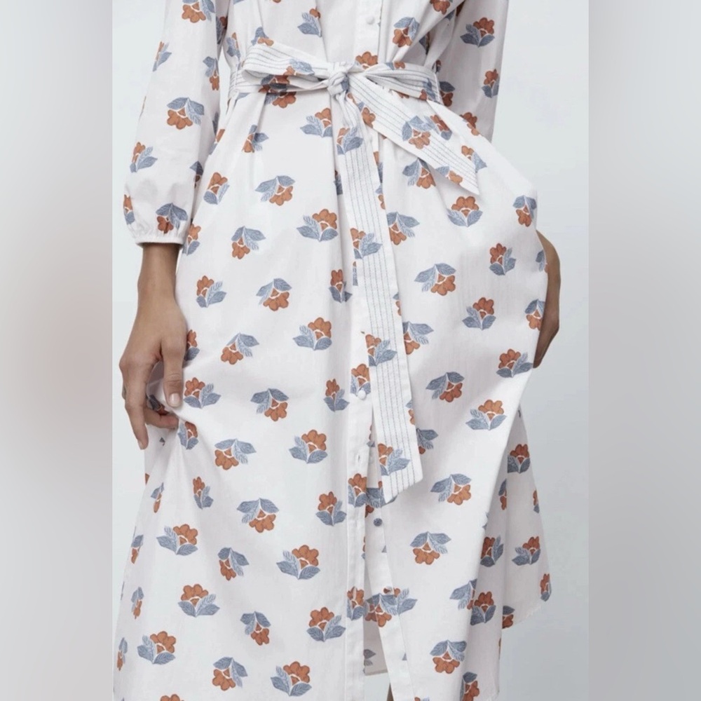 ZARA Printed White Midi Poplin Dress Size XS - Picture 2 of 4